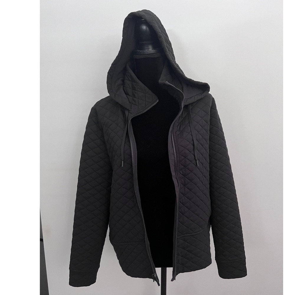 DSG Womens Black Quilted Full Zip Hoodie Jacket Size Medium Diamond Pattern